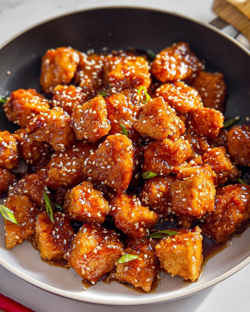 Close-up of golden brown Simple Honey Garlic Chicken Bites coated in a sticky glaze and sprinkled with sesame seeds.