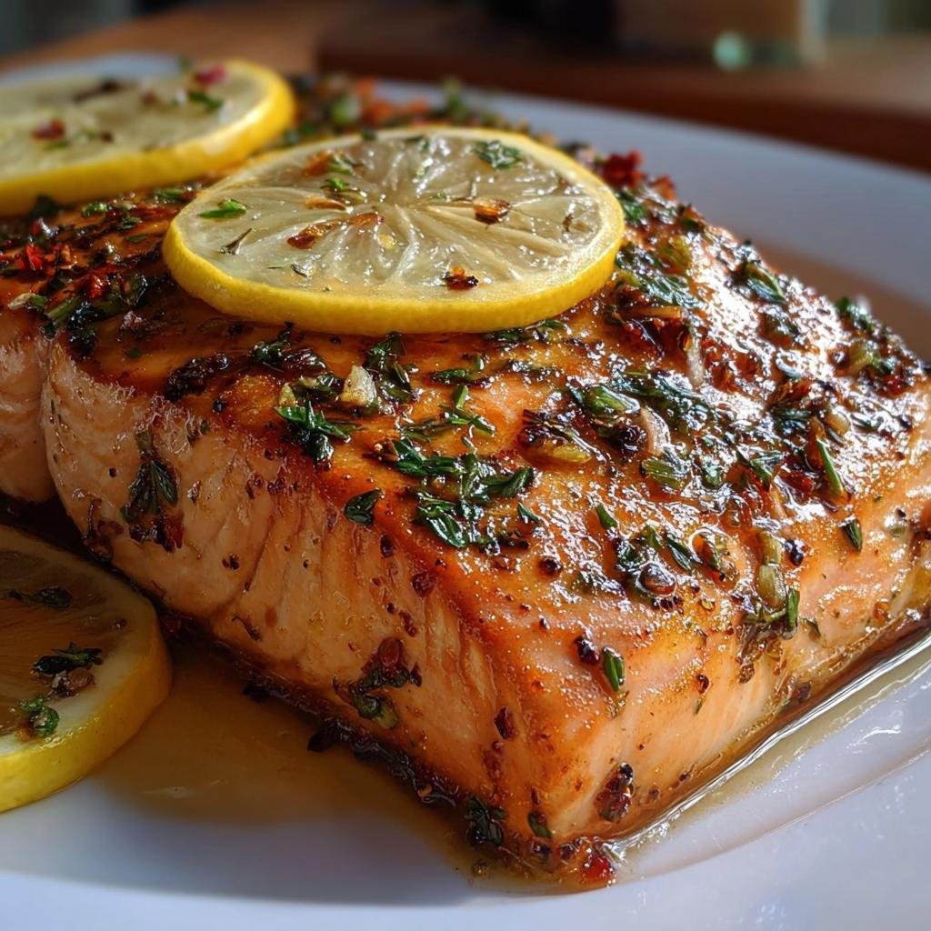 Close-up of a perfectly cooked Simple Texas Roadhouse Salmon Recipe fillet topped with lemon slices and herbs.