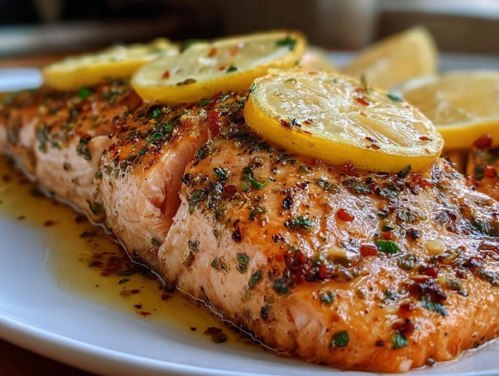 Close-up of a perfectly cooked Simple Texas Roadhouse Salmon Recipe fillet topped with lemon slices and herbs.