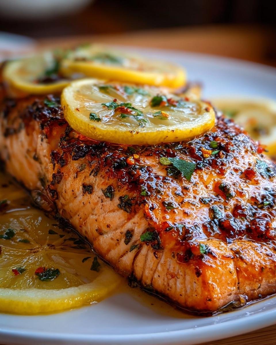 Close-up of a perfectly cooked Simple Texas Roadhouse Salmon Recipe fillet topped with lemon slices and herbs.