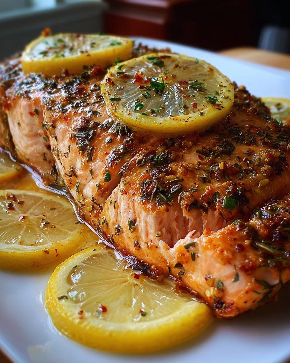 Close-up of a Simple Texas Roadhouse Salmon Recipe fillet, glazed and topped with fresh lemon slices and herbs.