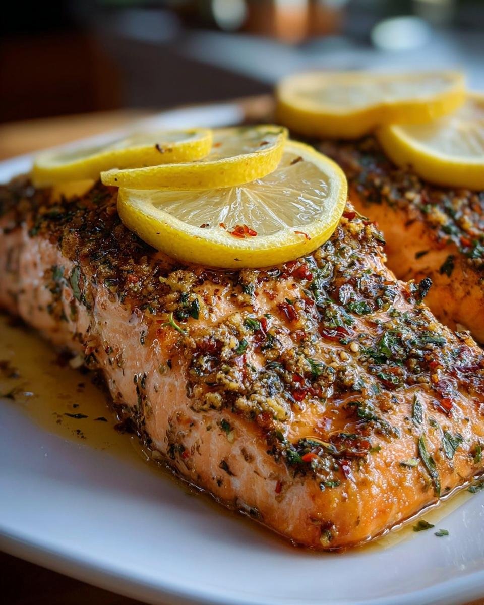 Close-up of a perfectly cooked Simple Texas Roadhouse Salmon Recipe fillet topped with herbs and fresh lemon slices.