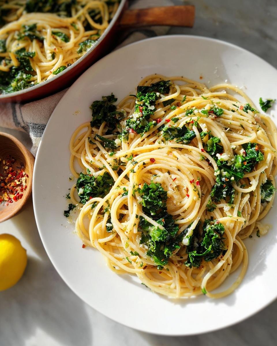 Plate of spaghetti tossed with garlic, chili flakes, and chopped greens, perfect for Easy Weeknight Dinners.