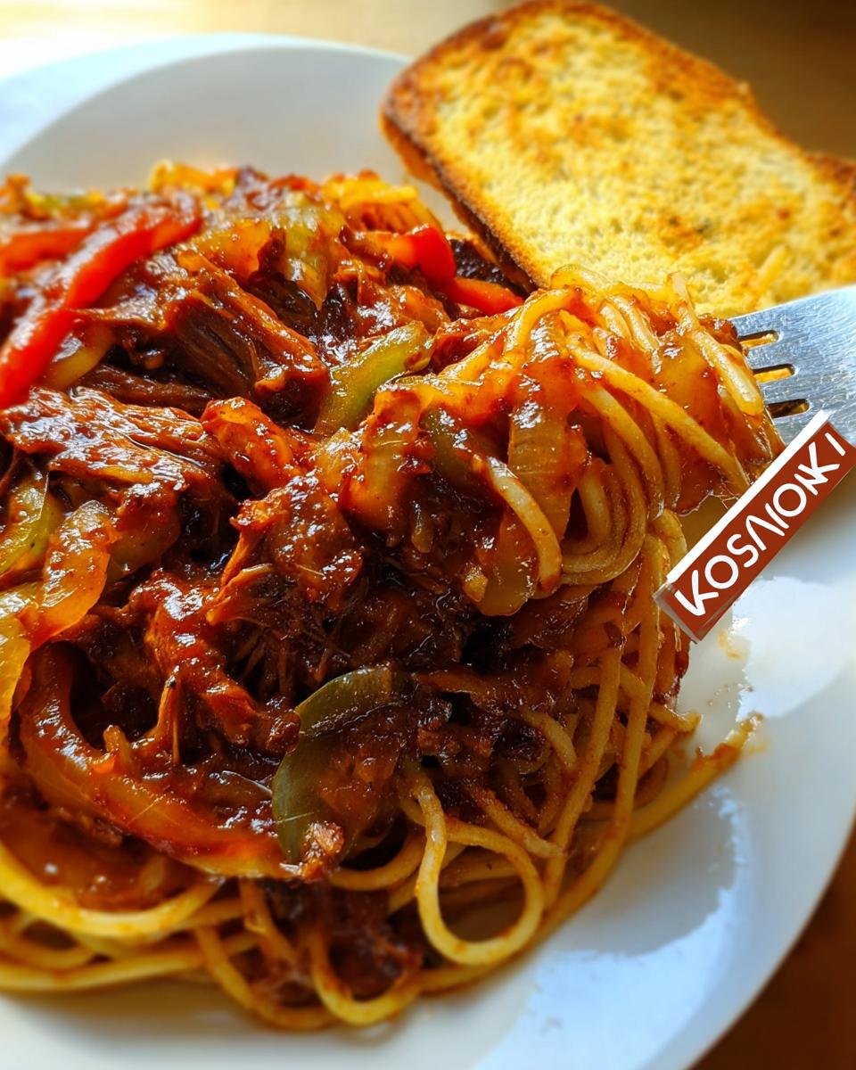 Close-up of spaghetti tossed in a rich sauce made with shredded leftover ribs, peppers, and onions, served with garlic bread.