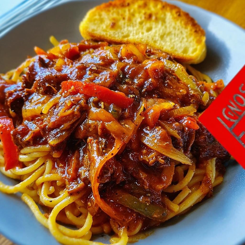 Spaghetti topped with a rich, savory sauce made from leftover ribs, peppers, and onions, served with garlic bread.