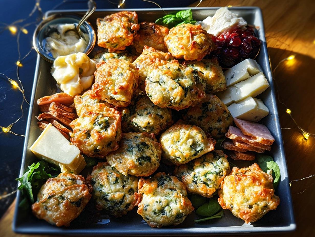 A platter featuring golden spinach and cheese bites surrounded by cheese, meats, and dips, perfect for New Year Party Food Ideas.