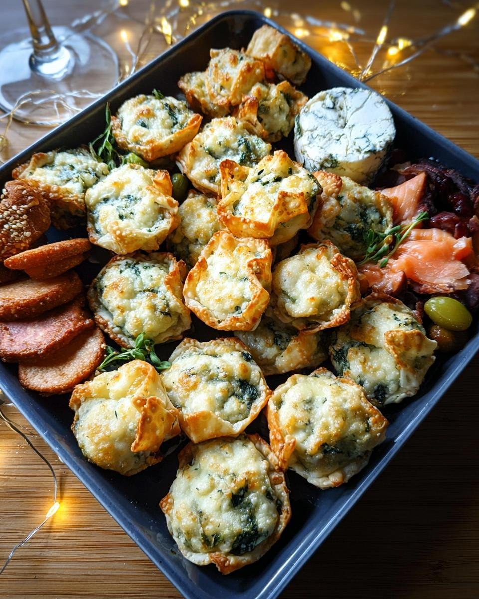 A platter of baked spinach and cheese bites, perfect for New Year Party Food Ideas.