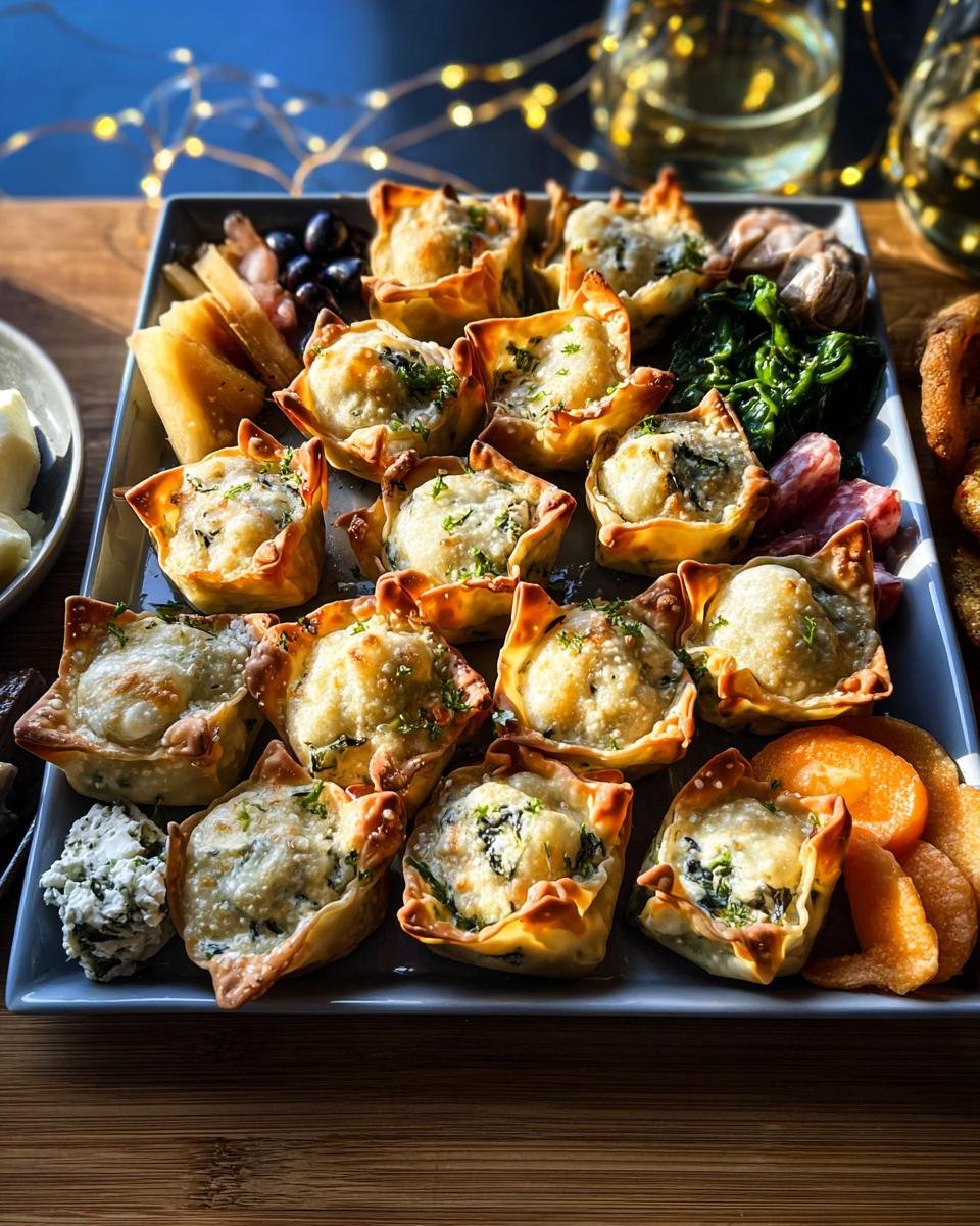 A platter of golden-brown spinach dip wonton cups, perfect New Year Party Food Ideas, served with cheese and olives.