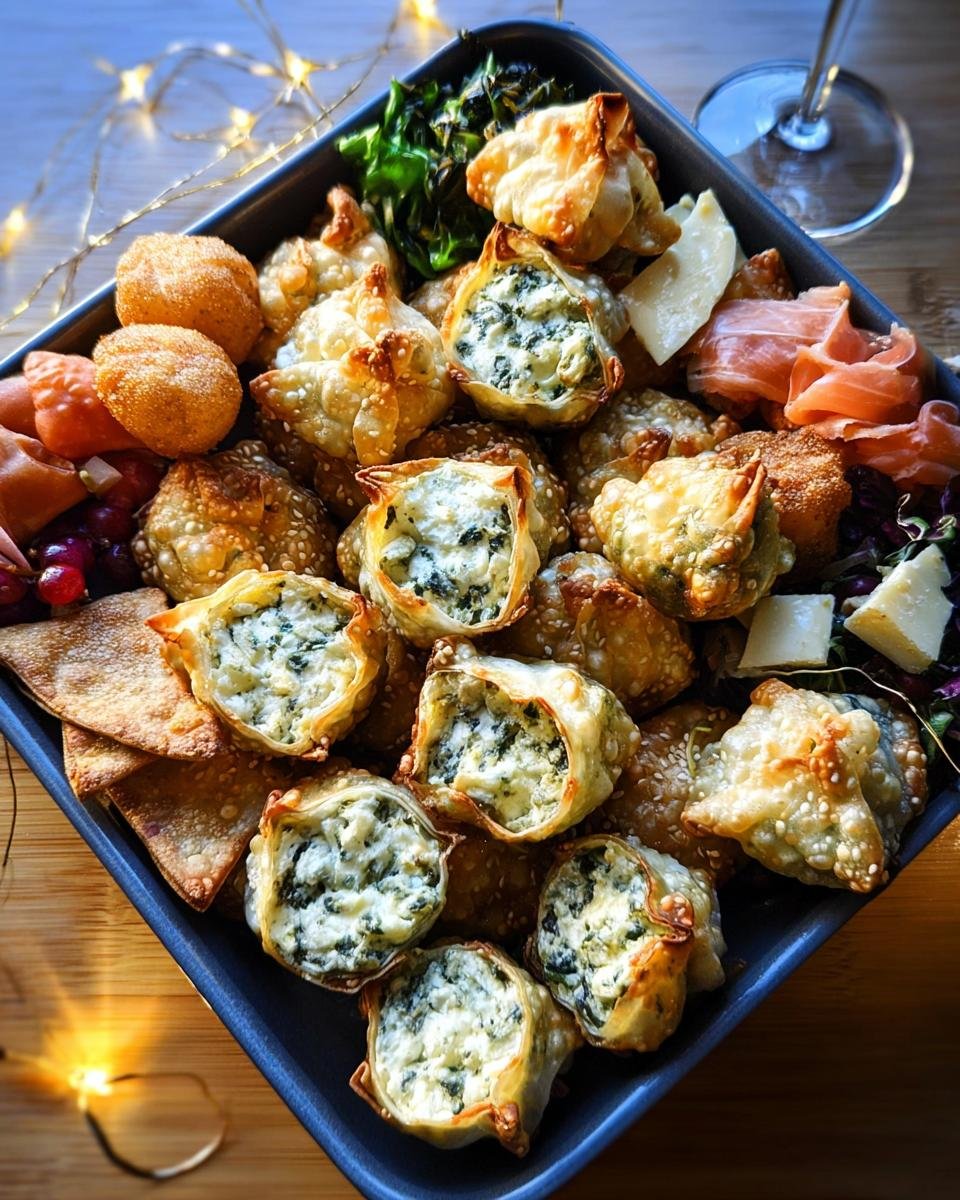 A platter of golden-brown spinach and cheese wontons, part of New Year Party Food Ideas, with prosciutto and cheese.