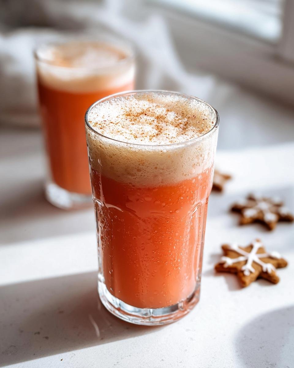 Close-up of a cold, orange-hued Starbucks Christmas Gingerbread Latte topped with foam and spice.