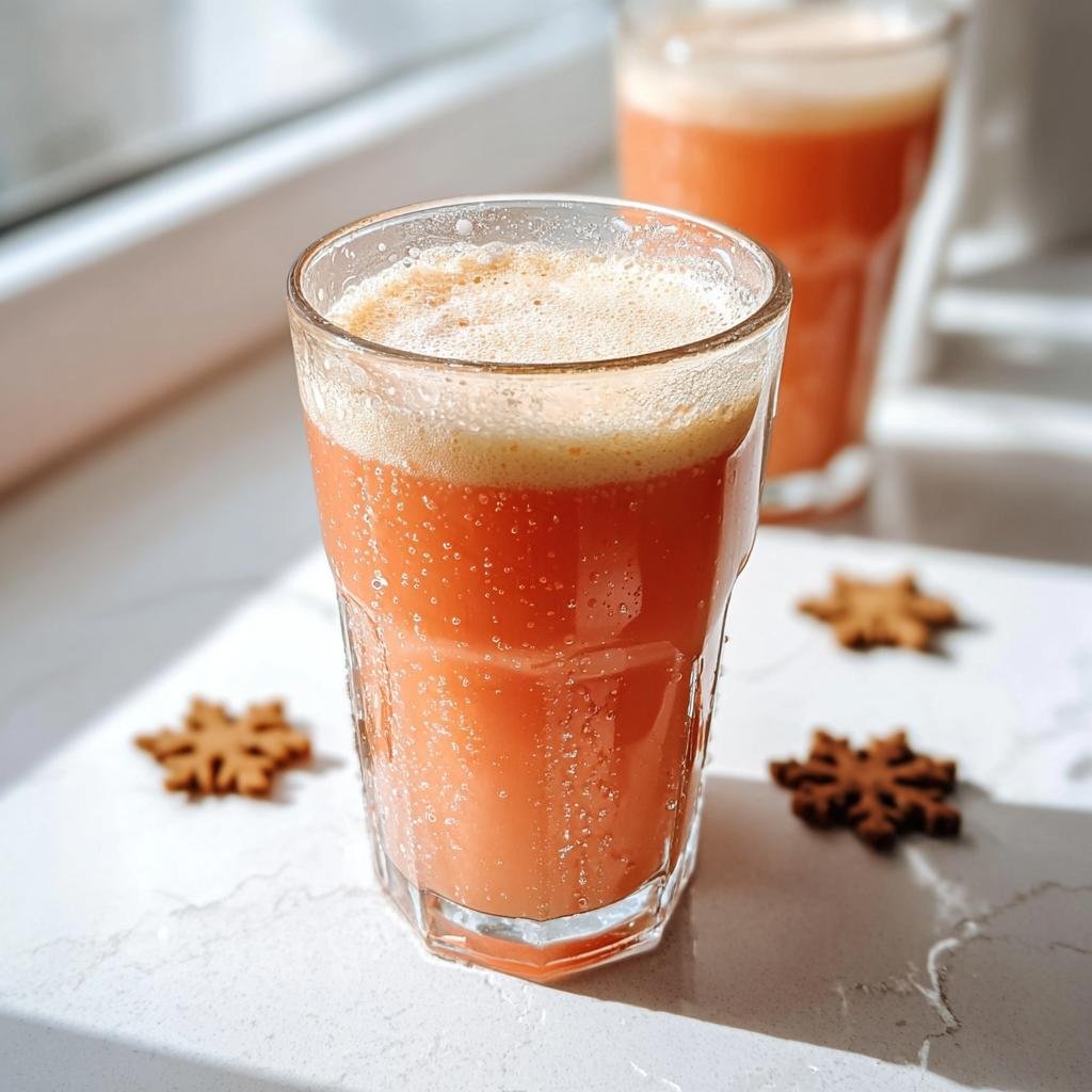 Close-up of a frothy, orange-hued drink, resembling a Starbucks Christmas Gingerbread Latte, next to small snowflake cookies.