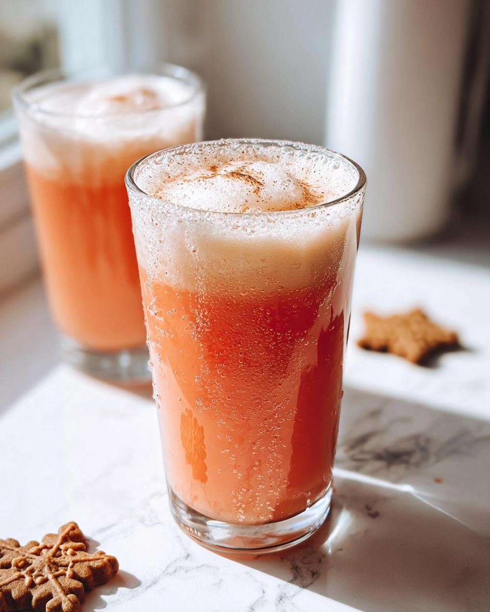 Two glasses of a frothy, orange-hued drink, reminiscent of a Starbucks Christmas Gingerbread Latte, with gingerbread cookies nearby.