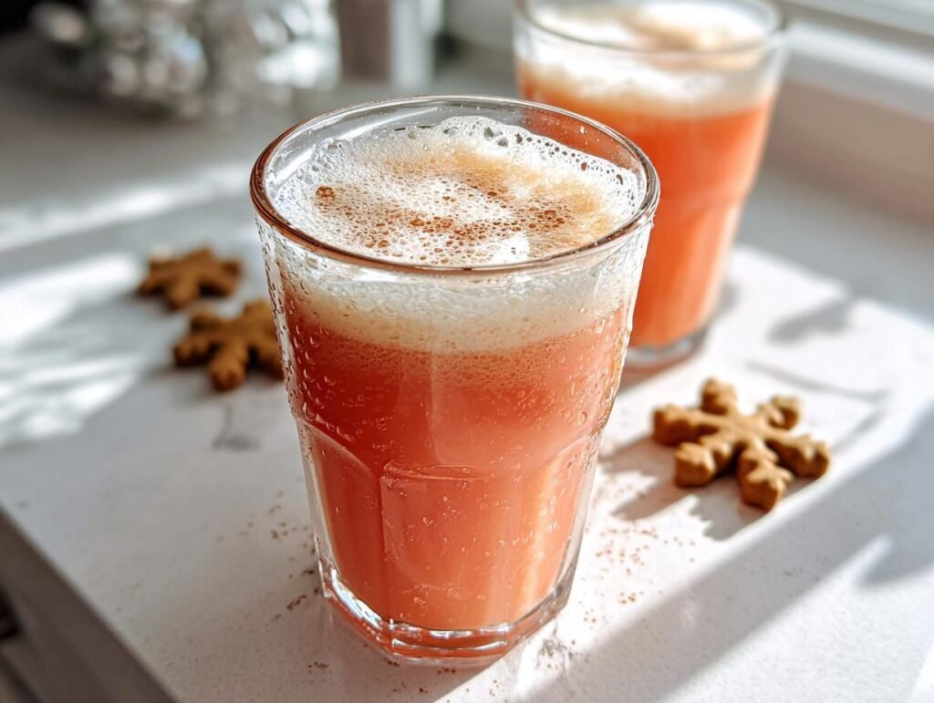 Close-up of a frothy, pinkish-orange Starbucks Christmas Gingerbread Latte alternative in a glass, next to snowflake cookies.