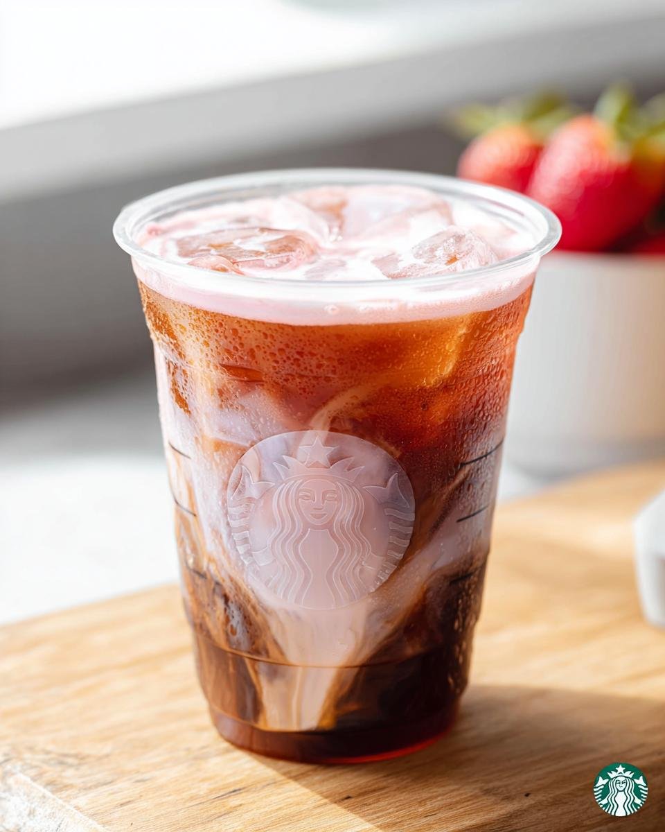 Close-up of a layered iced Starbucks drink order with coffee, milk, and pinkish foam, featuring the siren logo.