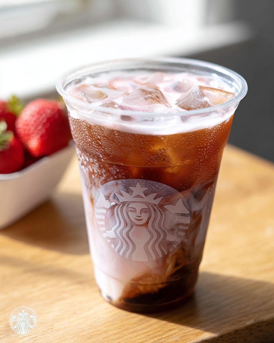 Close-up of an iced Starbucks drink with milk swirling into the dark coffee, next to a bowl of strawberries.