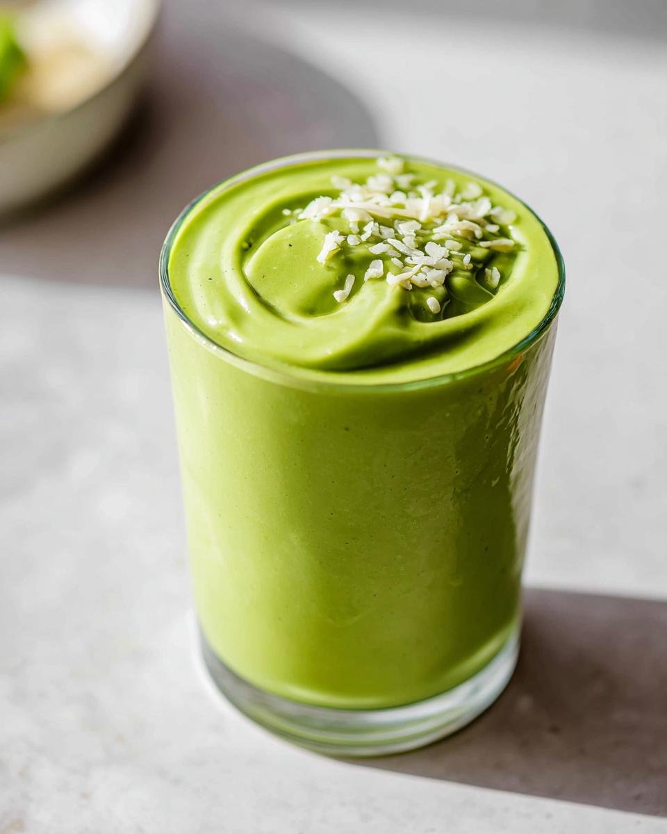 Close-up of a thick, vibrant green smoothie topped with shredded coconut, perfect for a Starbucks Drinks: Easy Order.