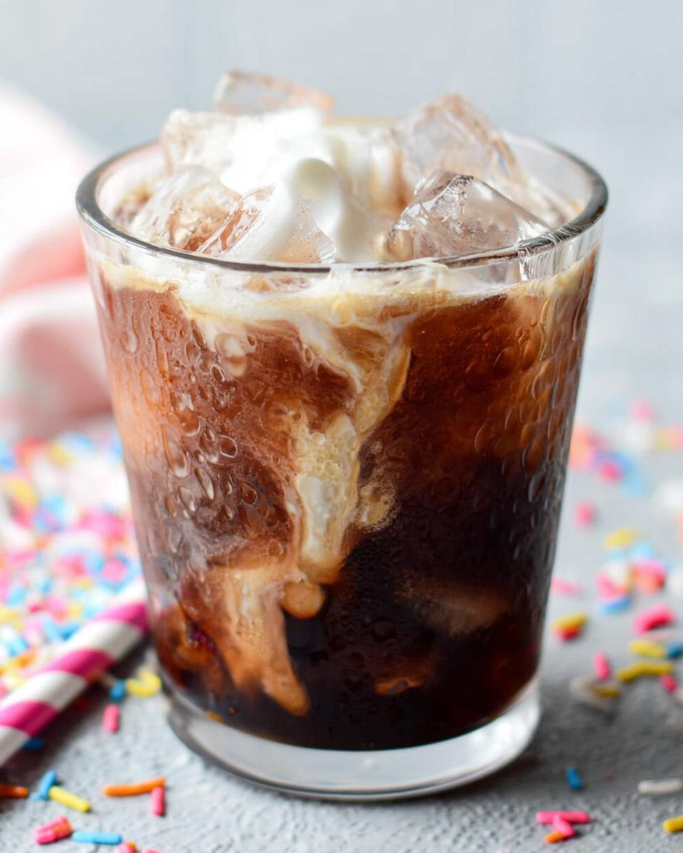 Close-up of a glass containing a Starbucks Iced Coffee order with cream swirling into the dark coffee over ice, surrounded by colorful sprinkles.