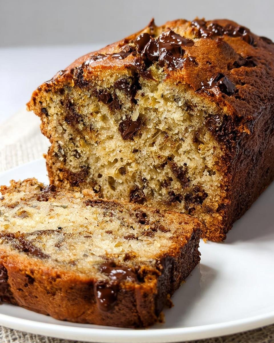 A slice cut from a loaf of super moist chocolate chip banana bread recipe, showing a tender crumb and melted chocolate chips.