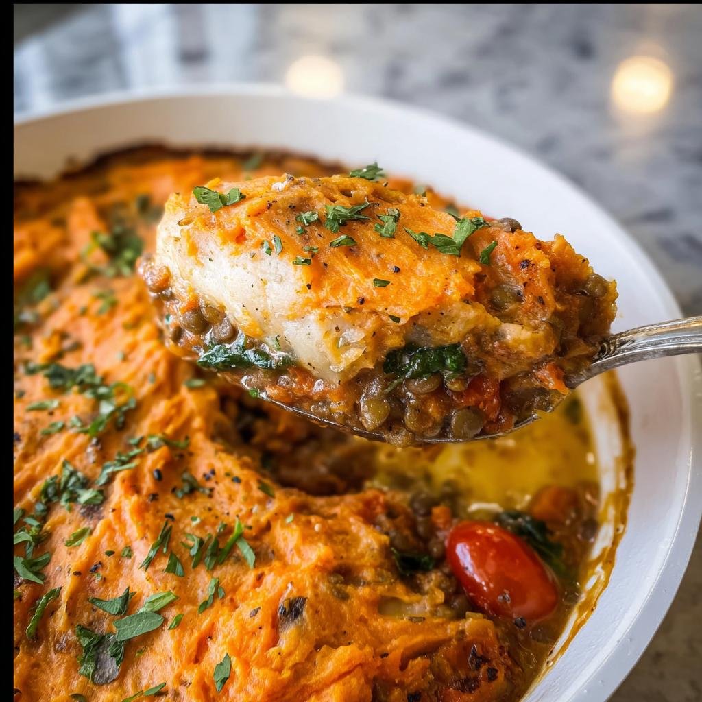 A spoonful of fish and lentil casserole topped with mashed sweet potato, part of a Quick 30-Minute Healthy Dinner Recipes.