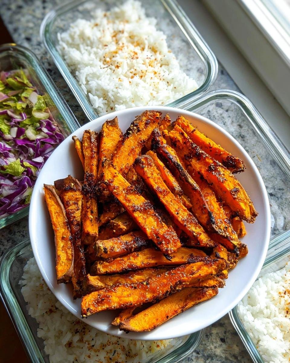 A bowl of seasoned, roasted sweet potato fries surrounded by glass containers for Easy Meal Prep Recipes.