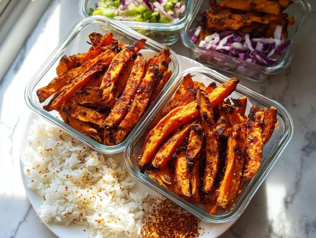 Meal prep containers filled with seasoned sweet potato fries, rice, and salad components for Easy Meal Prep Recipes.