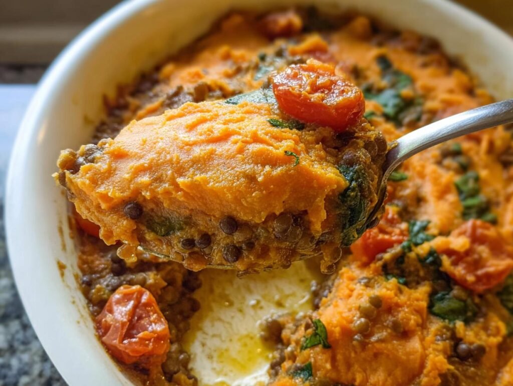 A spoonful of healthy lentil shepherd's pie with sweet potato topping, perfect for Quick 30-Minute Healthy Dinner Recipes.