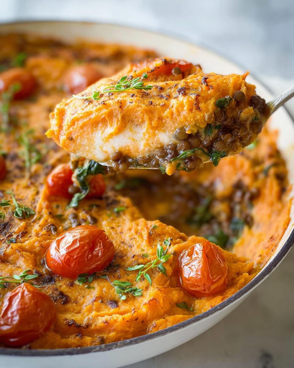 A spoonful of sweet potato topping over lentils being lifted from a casserole dish, part of a Quick 30-Minute Healthy Dinner Recipes.