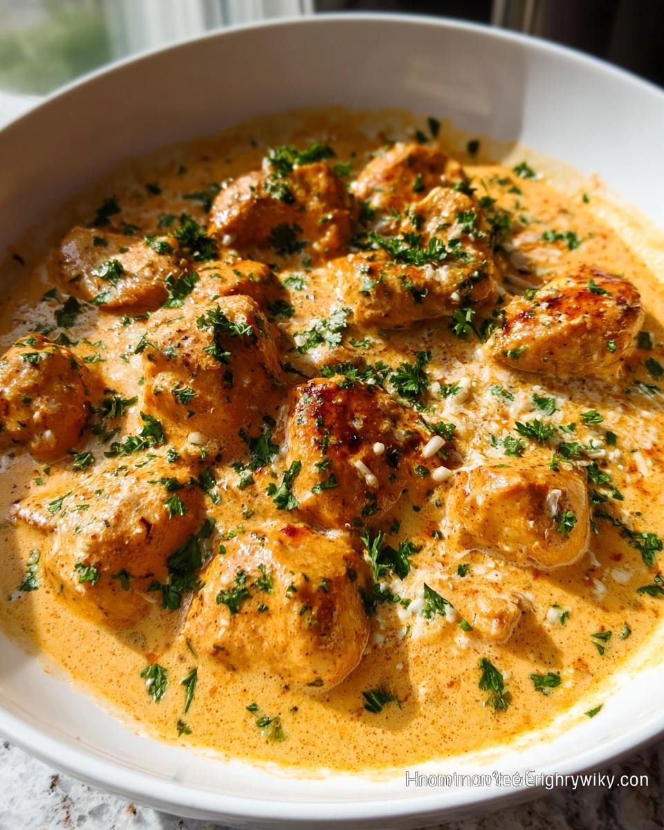 Close-up of tender chicken pieces swimming in a rich, orange-hued sauce, garnished with fresh parsley, representing Texas Roadhouse Butter Chicken Skillet.