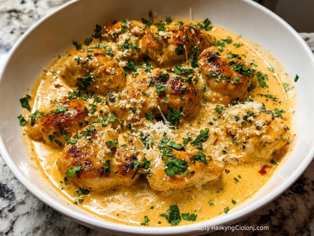 Close-up of seared chicken pieces smothered in a rich, creamy sauce, garnished with parsley and Parmesan for a Texas Roadhouse Butter Chicken Skillet.