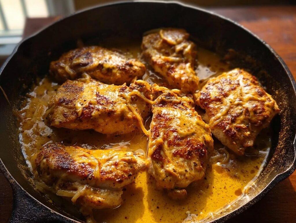 Five seared chicken breasts simmering in a rich, yellow sauce in a black cast iron skillet, resembling Texas Roadhouse Butter Chicken Skillet.