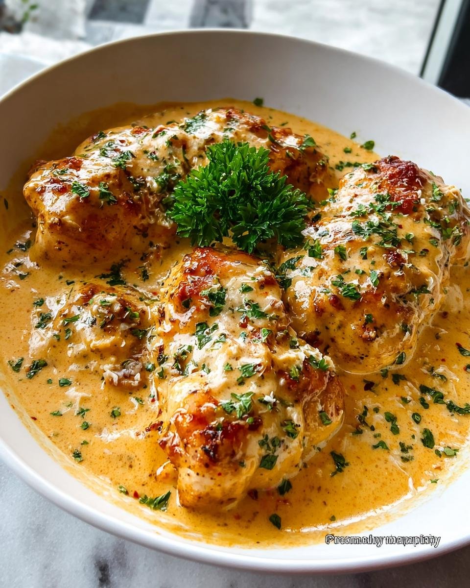 Close-up of seared chicken pieces smothered in a rich, creamy sauce, garnished with parsley, resembling Texas Roadhouse Butter Chicken Skillet.