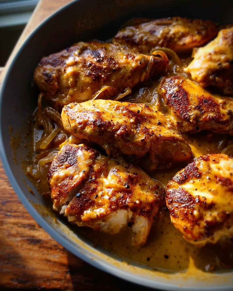 Close-up of seared chicken pieces coated in a rich, yellow sauce in a skillet, resembling Texas Roadhouse Butter Chicken Skillet.