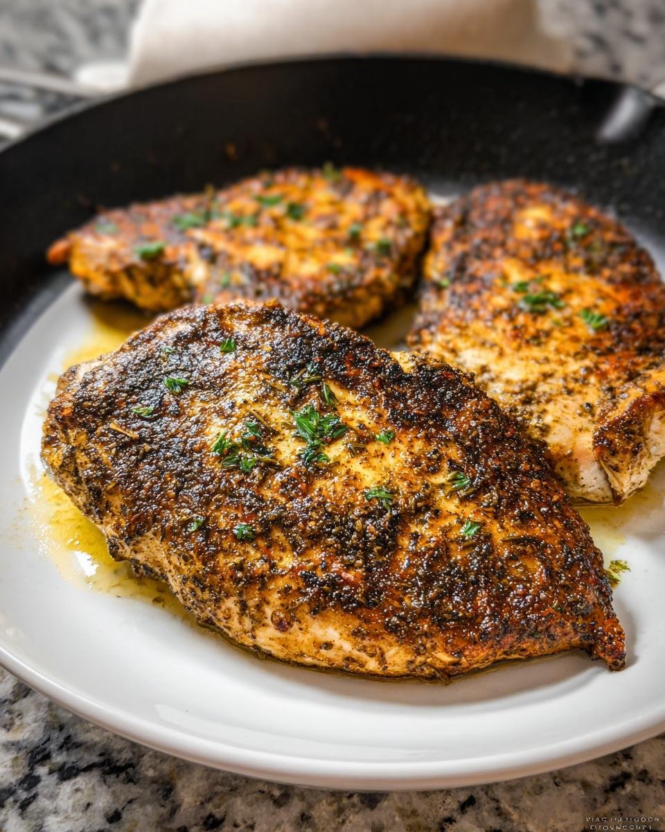 Three pan-seared chicken breasts with a dark, flavorful crust, ready to serve for the Texas Roadhouse Chicken recipe.
