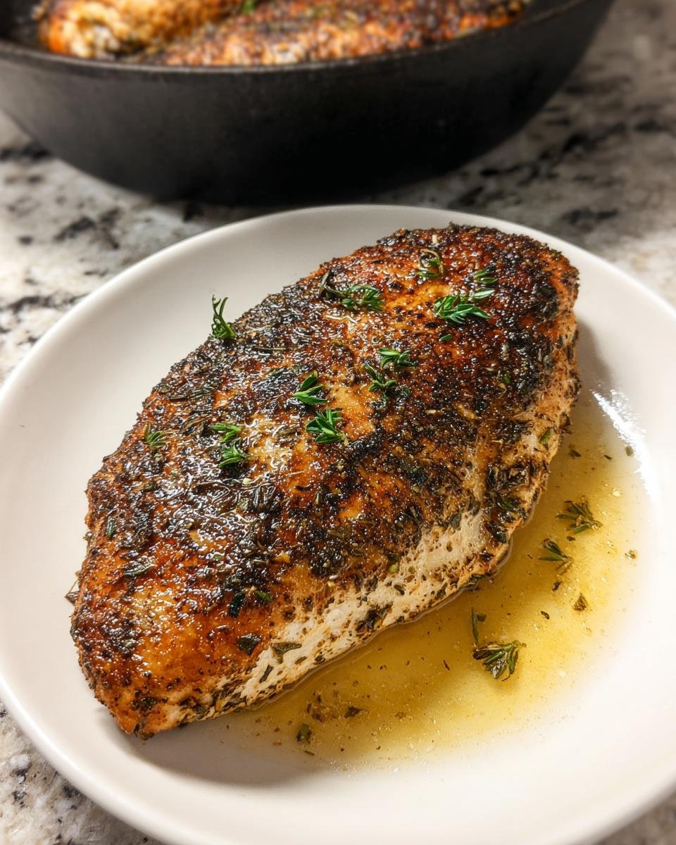 A close-up of a juicy, pan-seared chicken breast seasoned heavily, served on a white plate with butter sauce, part of a recipe on How to Make the Best Texas Roadhouse Chicken at Home.