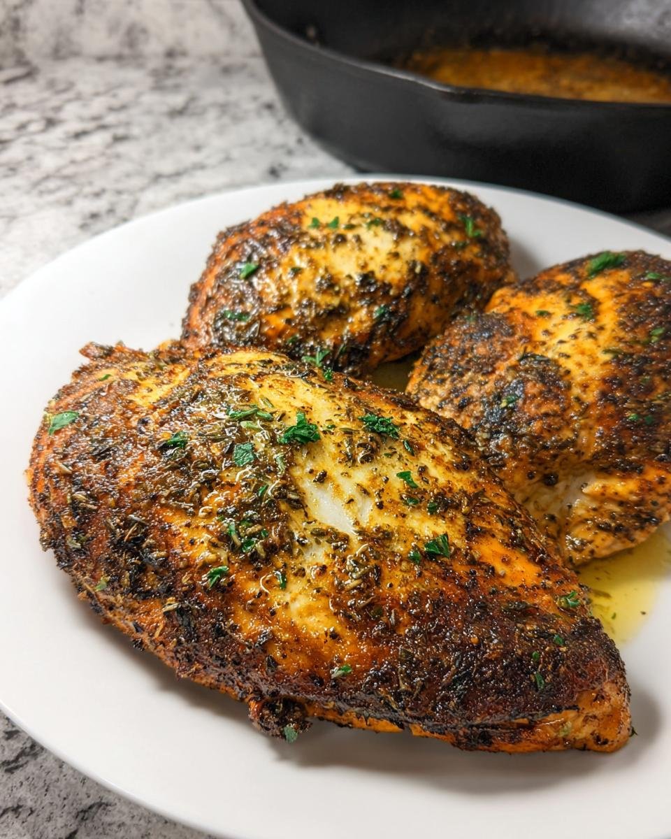 Three seasoned and seared chicken breasts plated, ready to serve for the Texas Roadhouse Chicken recipe.