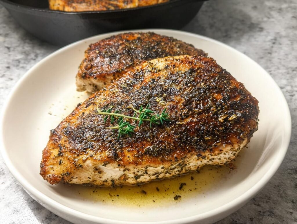 Two seasoned chicken breasts served on a white plate, garnished with fresh thyme, ready to eat.