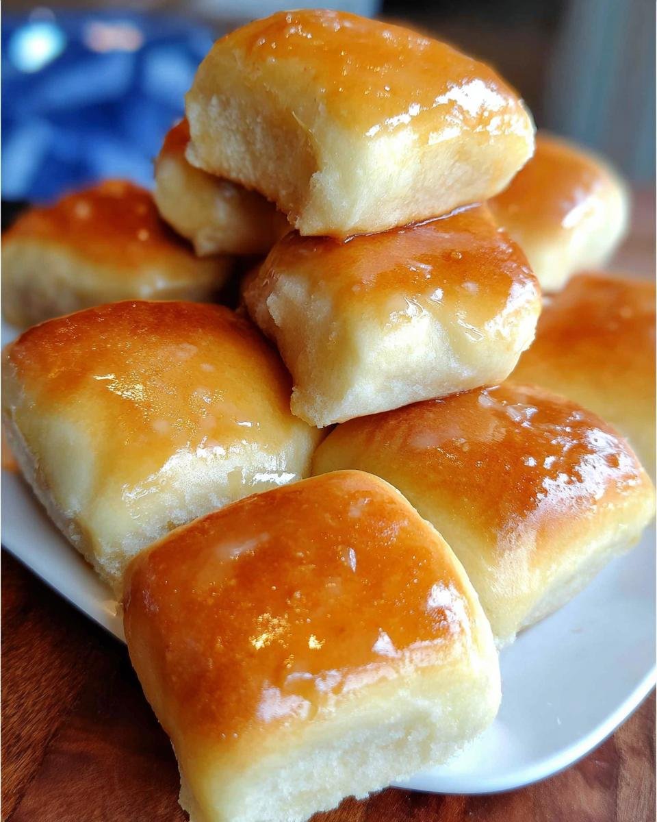 A stack of warm, glossy Texas Roadhouse style rolls brushed with honey butter, perfect alongside the butter chicken skillet.