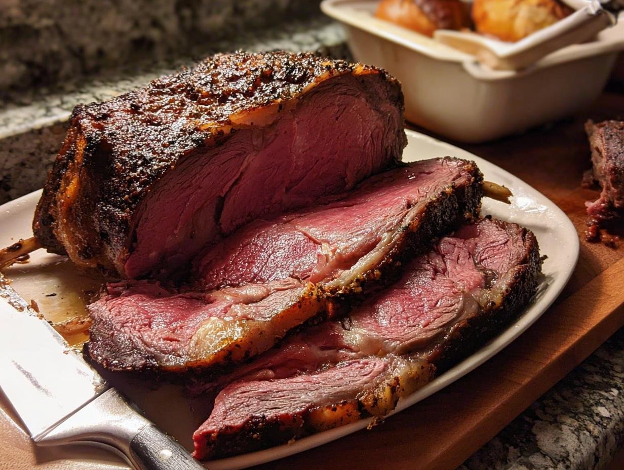 A beautifully roasted Prime Rib, sliced to reveal a perfect medium-rare center.