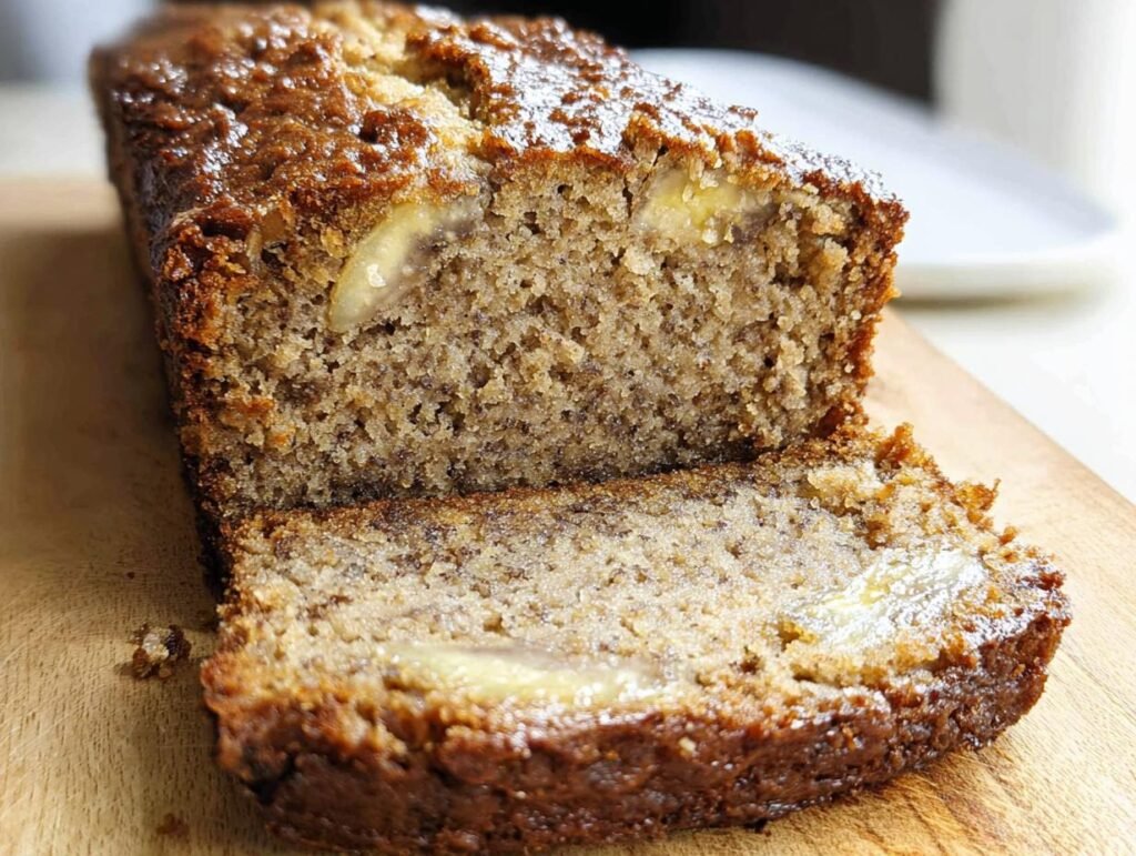 A close-up of a loaf of World's Best Banana Bread, sliced to show the moist interior and visible banana pieces.