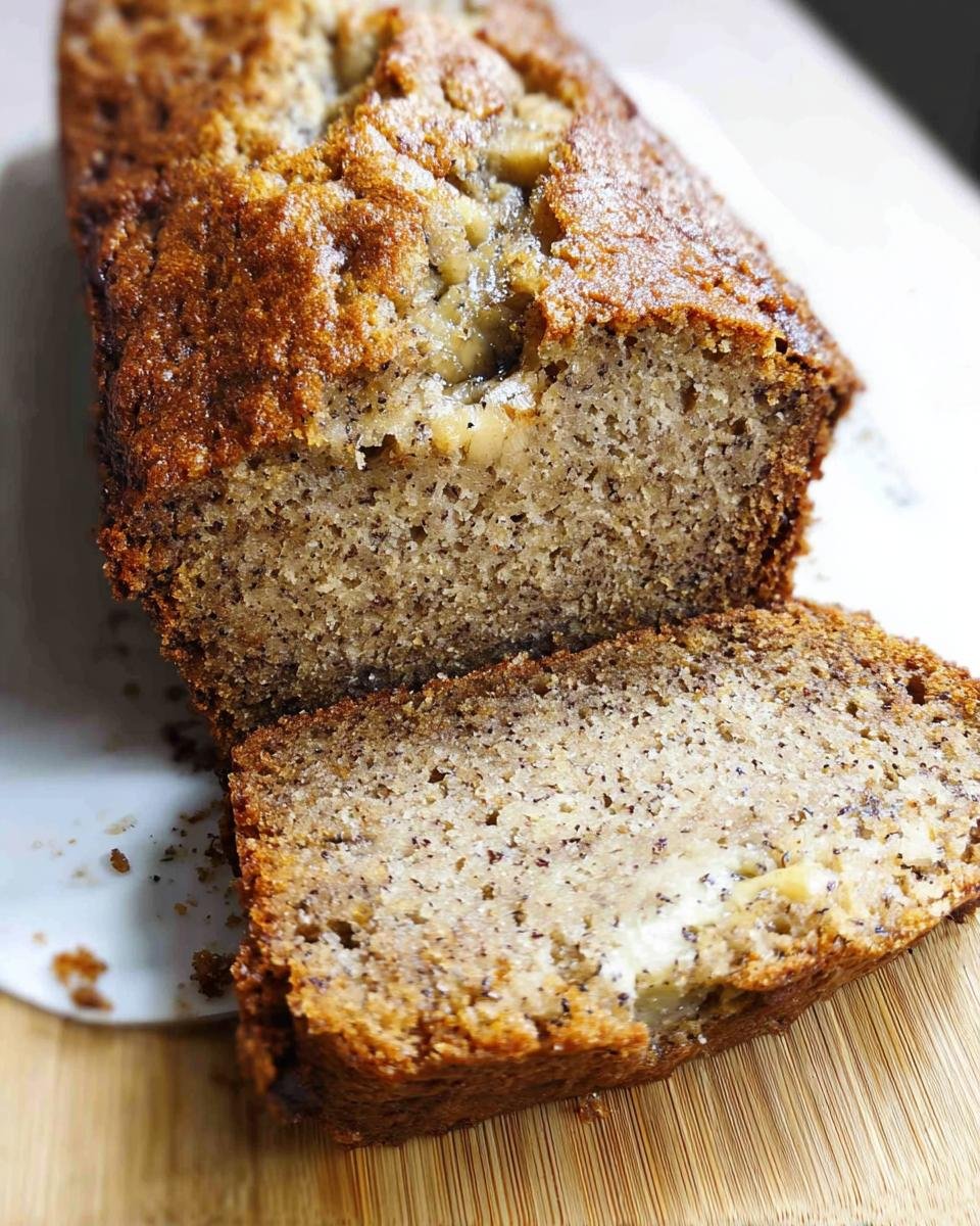Close-up of a sliced loaf showing the moist crumb of the World's Best Banana Bread.