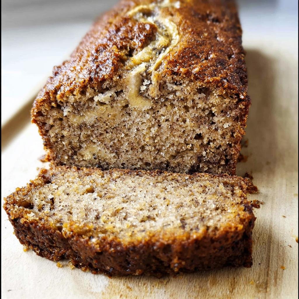 Close-up of a freshly baked loaf of World's Best Banana Bread, sliced to show its moist texture.
