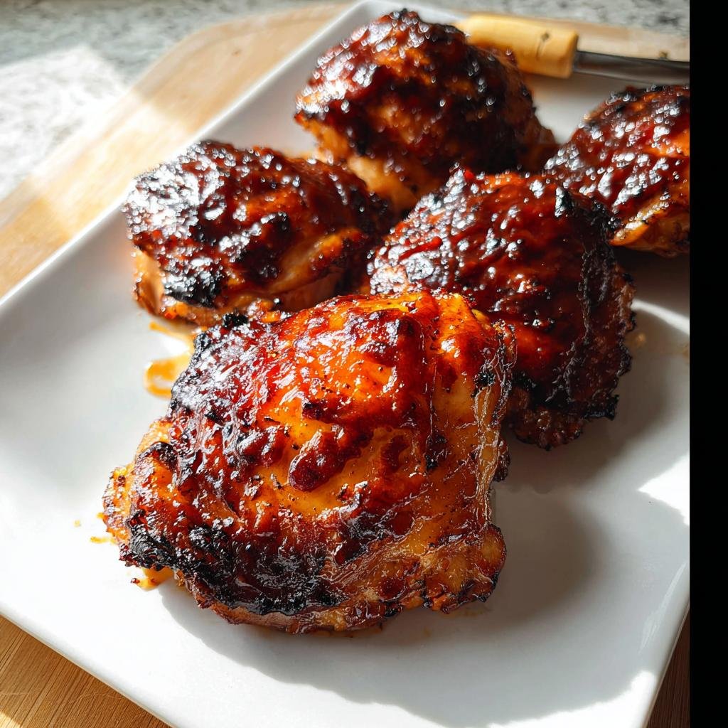 Close-up of four Air Fryer BBQ Chicken Thighs with a thick, sticky glaze on a white plate.