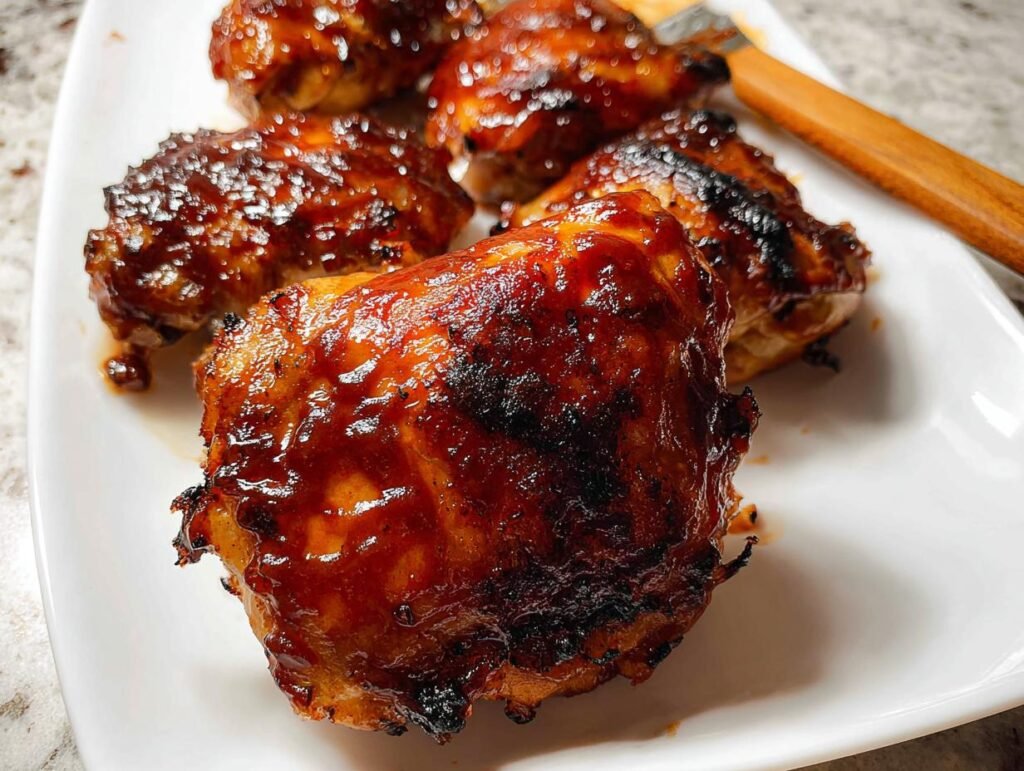 Close-up of juicy Air Fryer BBQ Chicken Thighs with a thick, sticky glaze.
