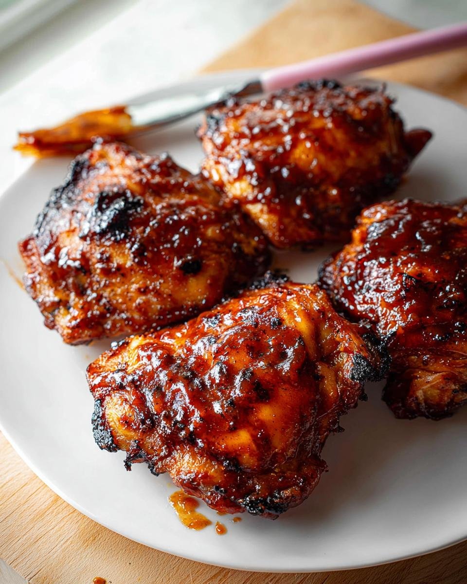 Four perfectly cooked Air Fryer BBQ Chicken Thighs with a thick, sticky glaze on a white plate.