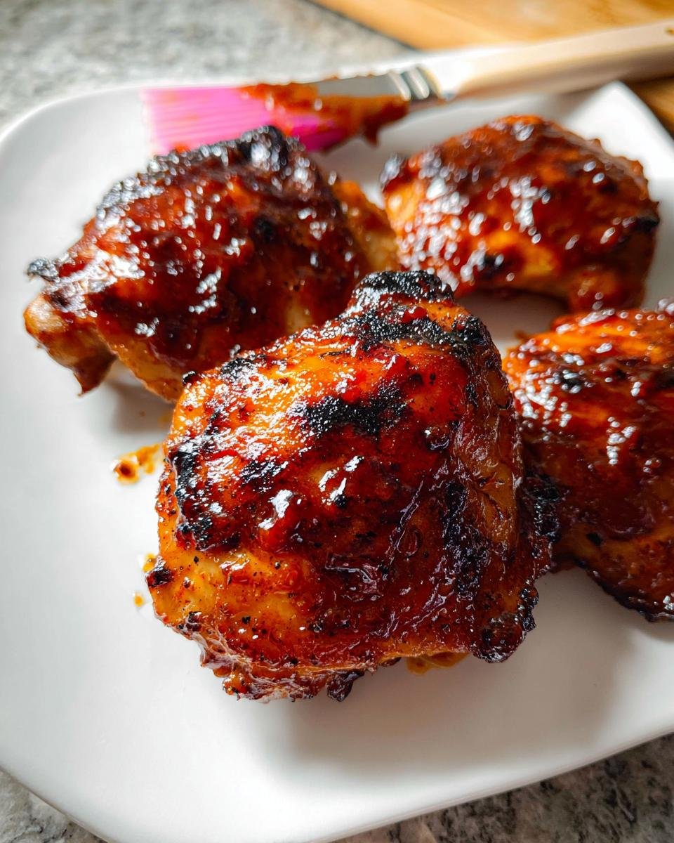 Four juicy Air Fryer BBQ Chicken Thighs coated in a dark, sticky glaze, resting on a white plate.