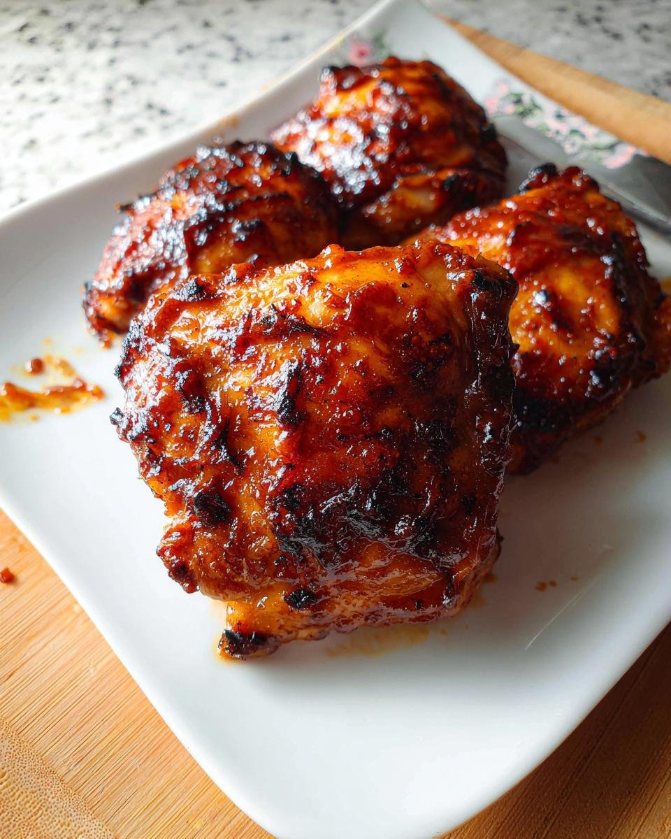 Four pieces of Air Fryer BBQ Chicken Thighs Sticky Glaze with a dark, caramelized, and shiny exterior on a white plate.