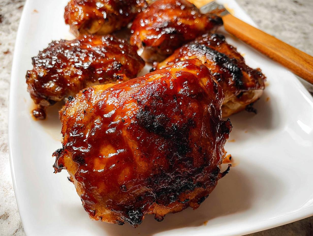 Close-up of juicy Air Fryer BBQ Chicken Thighs with a thick, sticky glaze.