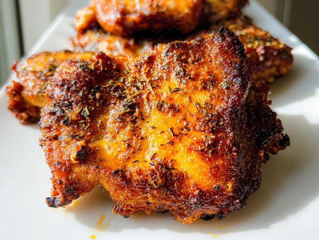 Close-up of perfectly cooked Air Fryer Boneless Chicken Thighs Fast with a crispy, seasoned, golden-brown exterior.