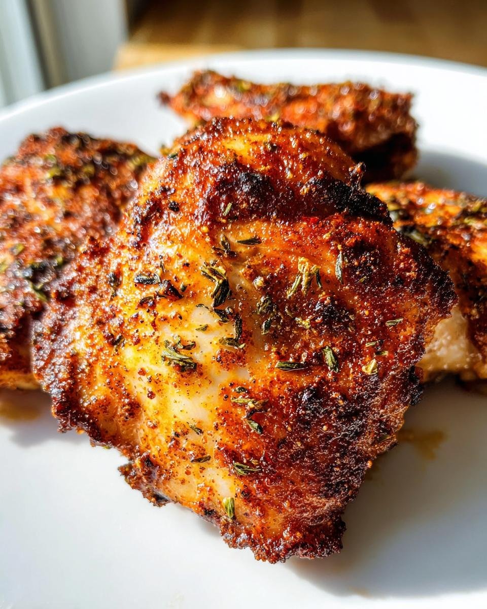Close-up of crispy, seasoned Air Fryer Boneless Chicken Thighs Fast on a white plate.