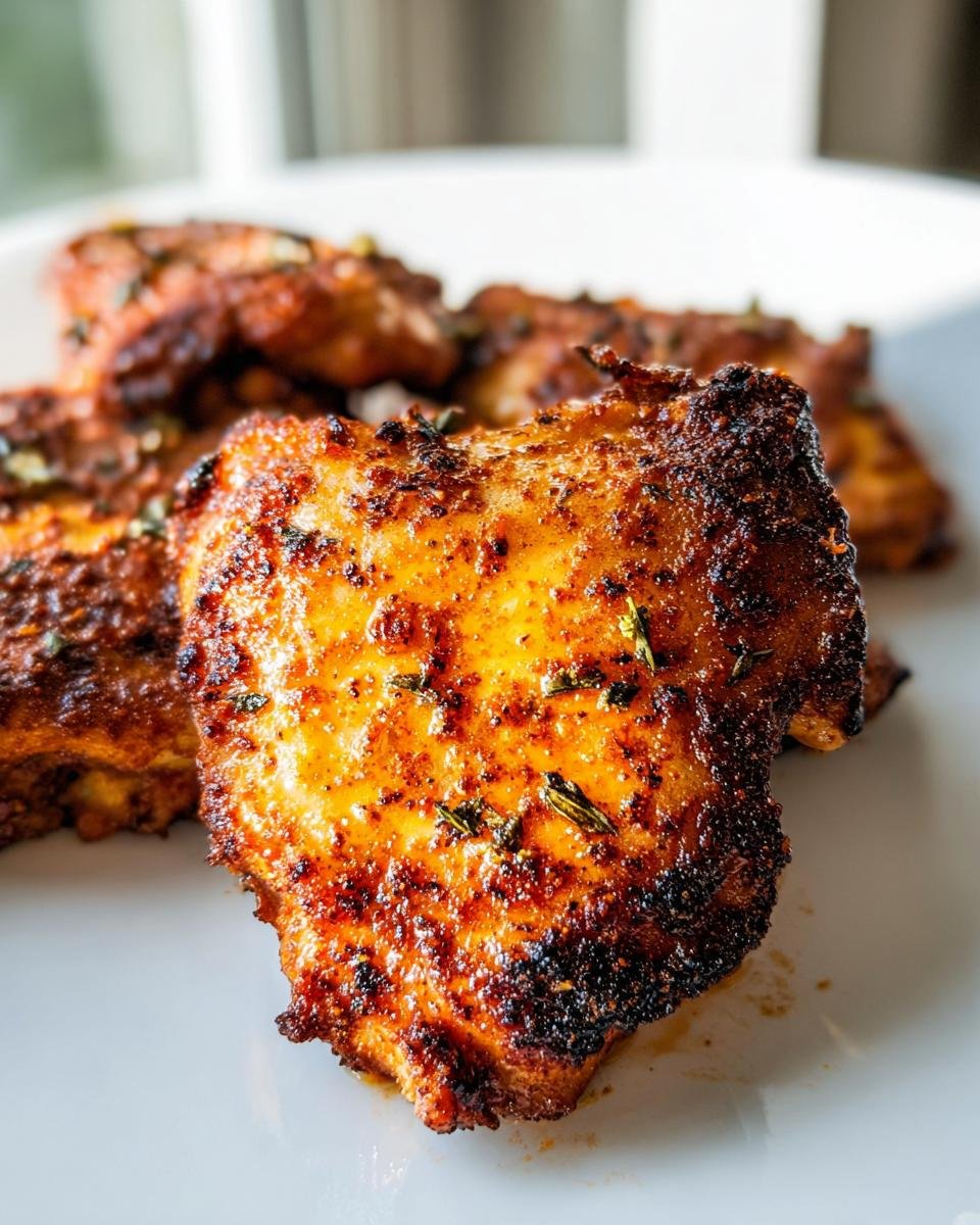 Close-up of a perfectly cooked Air Fryer Boneless Chicken Thighs with a crispy, seasoned exterior.